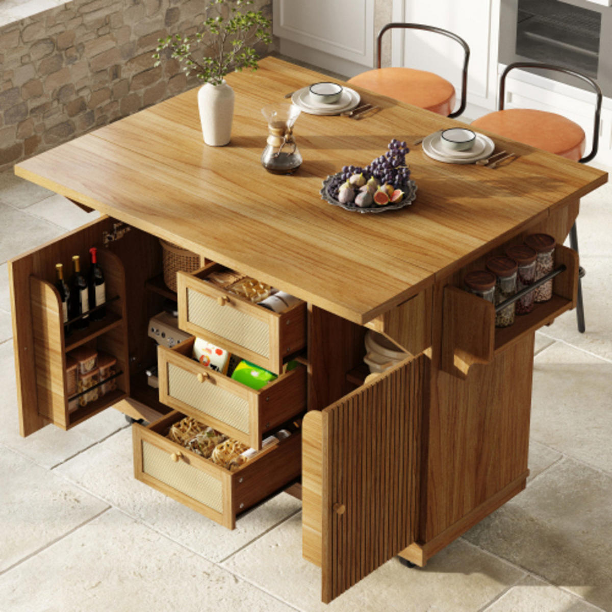 KÜCHENINSEL 142,5×40-80×95 cm aus MDF, Metall und PE-Rattan mit beidseitig klappbarer Tischverlängerung, dunkelbraun - Dunkelbraun, Holzwerkstoff (142.5/95/80cm) - Luhomfu