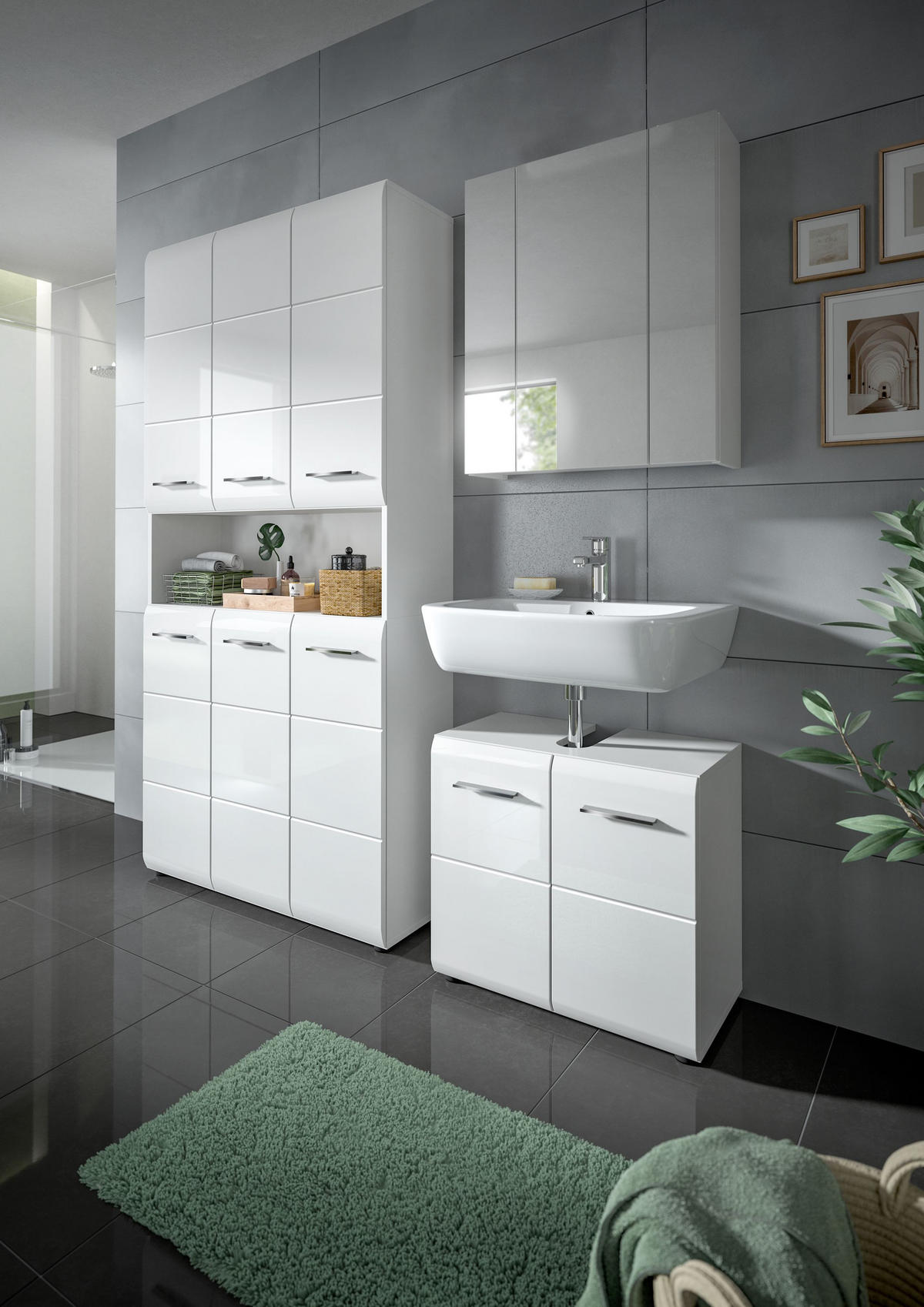 MEHRZWECKSCHRANK Alba (B/H/T: ca. 90/185/30 cm) in Weiß/weiß hochglanz - Weiß, Holzwerkstoff (90/185/30cm)
