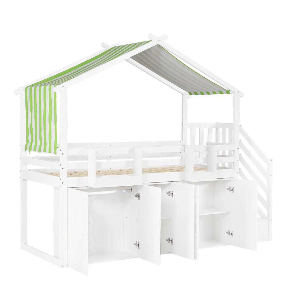 HAUSBETT 90x200cm in Weiß+Grün mit 1 Kleiderschrank und 2 Schließfächer - Weiß, Holz (90/200cm) - KOMHTOM