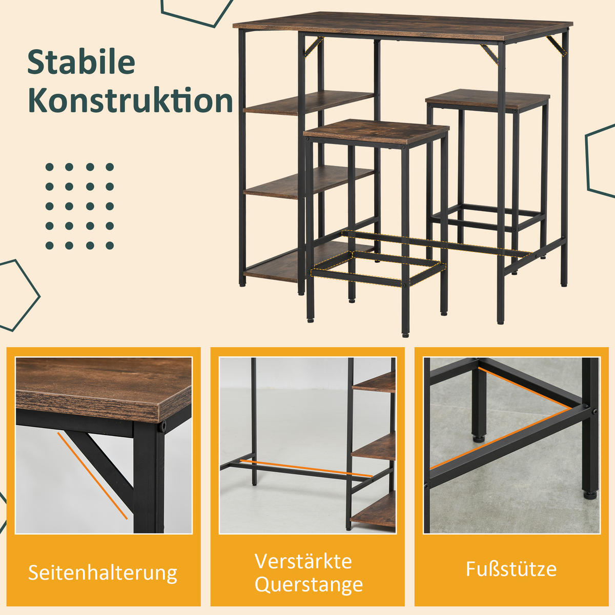 BARTISCH-SET, Spanplatte, Schwarz+Braun - Schwarz, Kunststoff (60/100/109cm) - HOMCOM