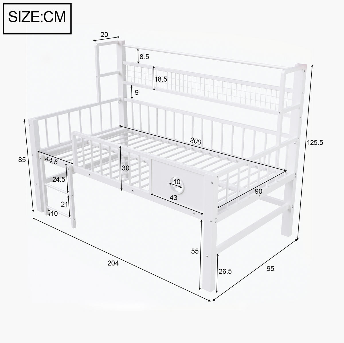 NIEDRIGES Hochbett 90/200 cm Weiß aus Metall mit Stauraum - Weiß, Metall (90/200cm) - OKMYHOME