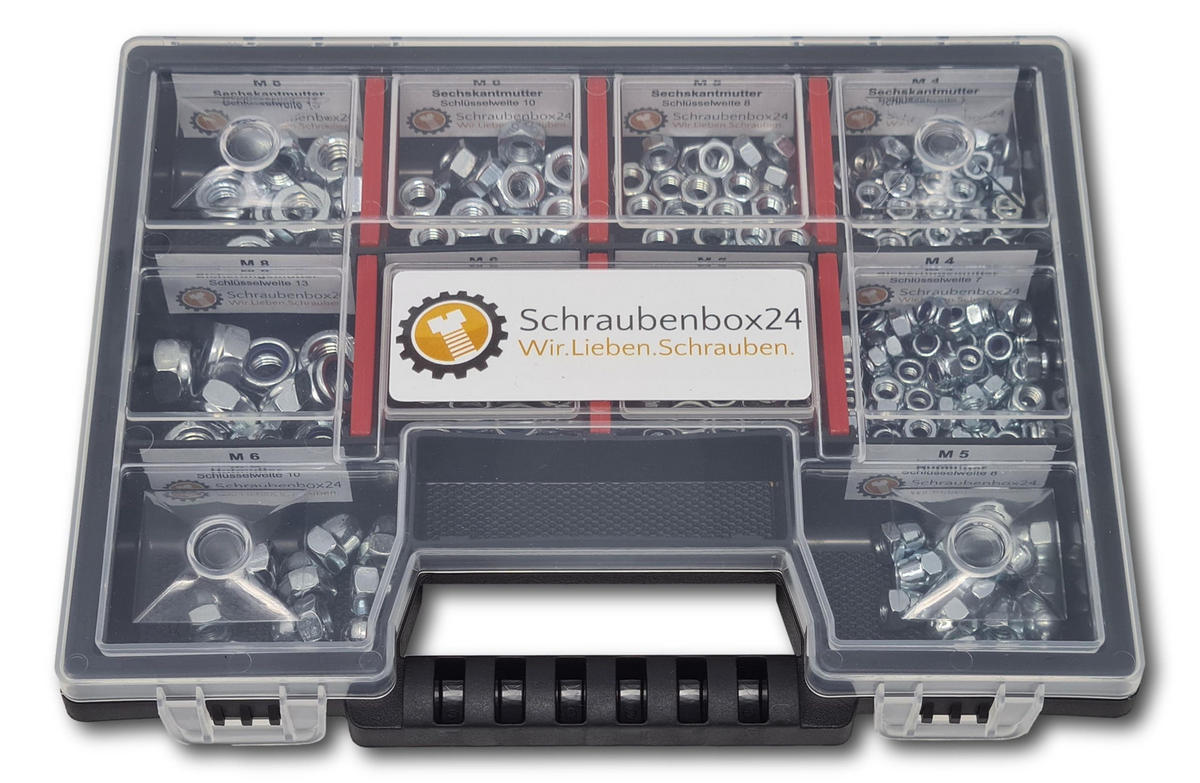 MUTTERN Sortiment M4-M5-M6-M8 235 tlg. Schraubenbox - Zinkfarben, Metall (3.5cm) - Schraubenbox24