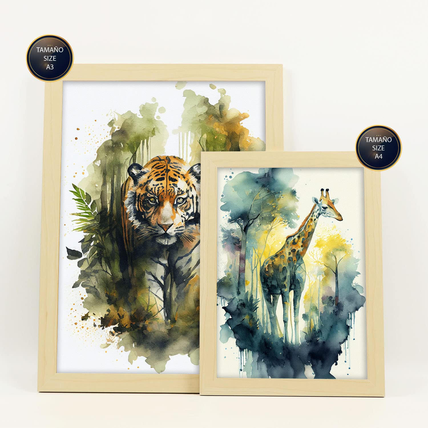 POSTER Set Mit 6 Warm Und Kalt Illustrationen Von Tieren In Naturlandschaften, Realistischer Aquarellstil A3 & A4 Rahmen Aus Hellem Holz - Beige, Papier (29/3cm) - Nacnic