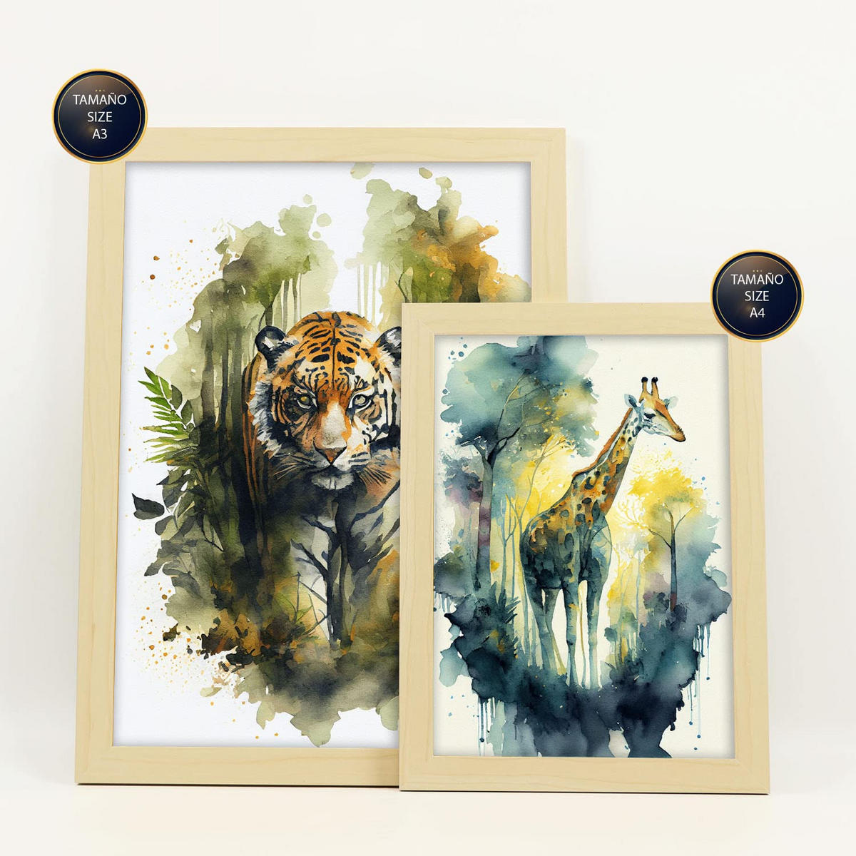 POSTER Set Mit 6 Warm Und Kalt Illustrationen Von Tieren In Naturlandschaften, Realistischer Aquarellstil A3 & A4 Rahmen Aus Hellem Holz - Beige, Papier (29/3cm) - Nacnic