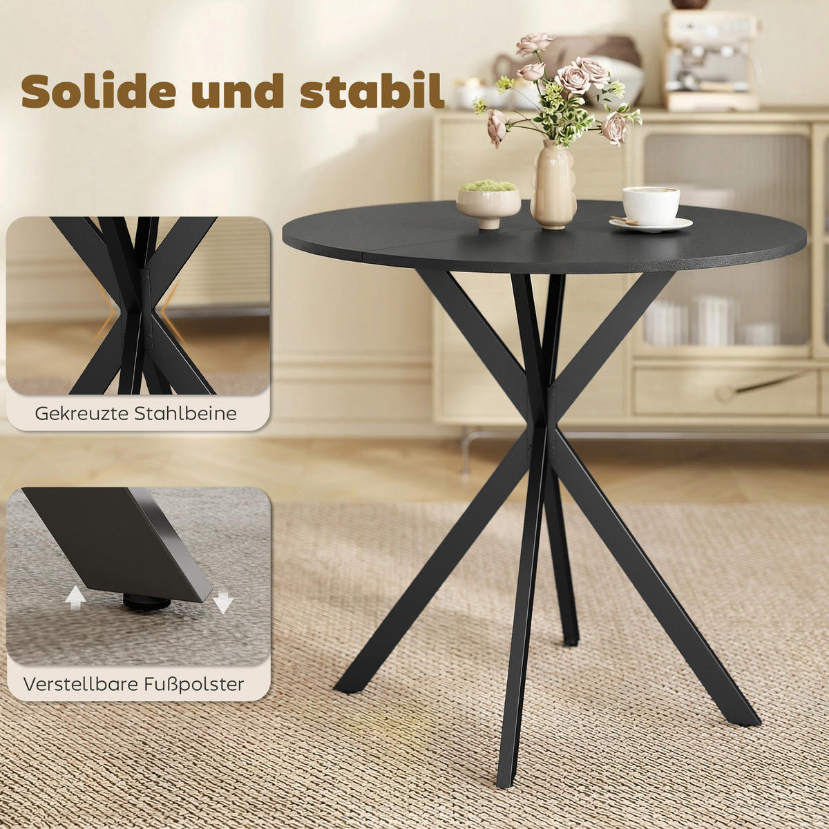 KÜCHENTISCH rund Schwarz 80/80/75 cm - Schwarz, Metall (80/80/75cm) - HOMCOM