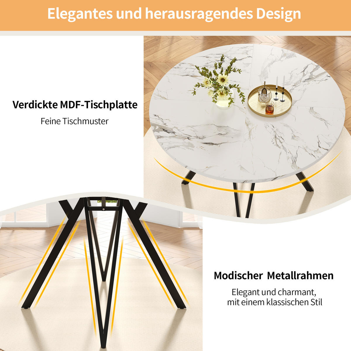 ESSTISCH Rund 100/100/76 cm Schwarz aus MDF in Marmoroptik mit Metallgestell - Schwarz, Holzwerkstoff (100/100/76cm) - OKWISH