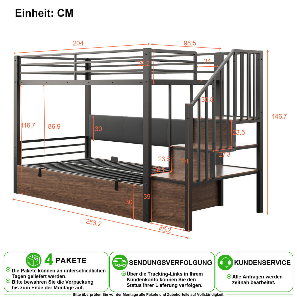 HOCHBETT 90/200 cm in Schwarz mit Stauraum und Treppe - Schwarz, Holzwerkstoff/Metall (90/200cm) - CHICFURN