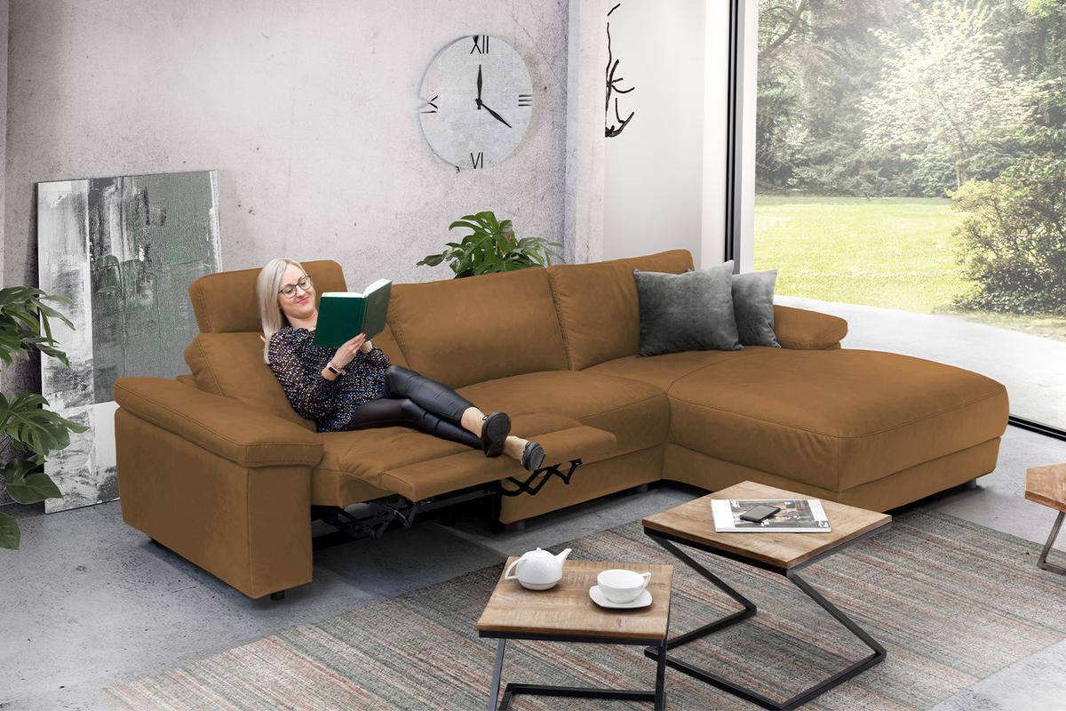 ECKSOFA XL MOTOR. RELAXFUNKTION LOLA Orange Webstoff - Schwarz/Orange, Textil (304/178cm) - KAWOLA