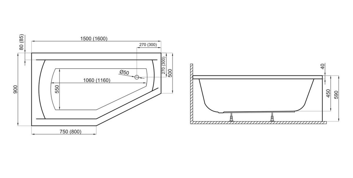 BADEWANNE Eckwanne SELENA 160/90 Links mit Styro Ablauf Füße - Weiß, Kunststoff (90/59/160cm) - bad land