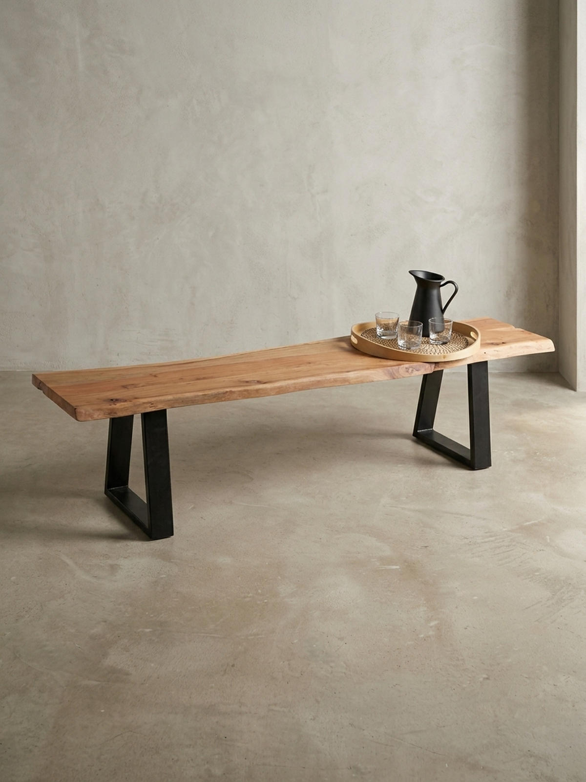 ESSZIMMERBANK Akazienholz Metall schwarze Füße, Beige 160x40x45 cm - Beige/Schwarz, Holz/Metall (160/45/40cm) - KADIMA DESIGN