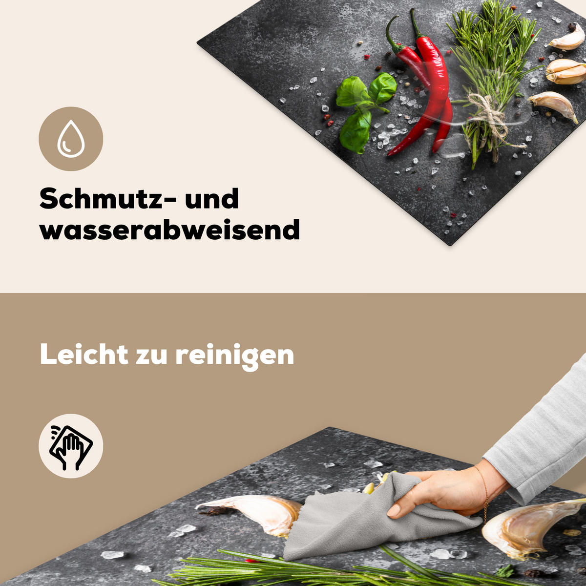 HERDABDECKPLATTE Pfeffer - Kräuter - Gewürze - Beton Herdabdeckung Induktionsfeld 65x52 cm - Rot, Kunststoff (65/52/0.2cm) - MuchoWow