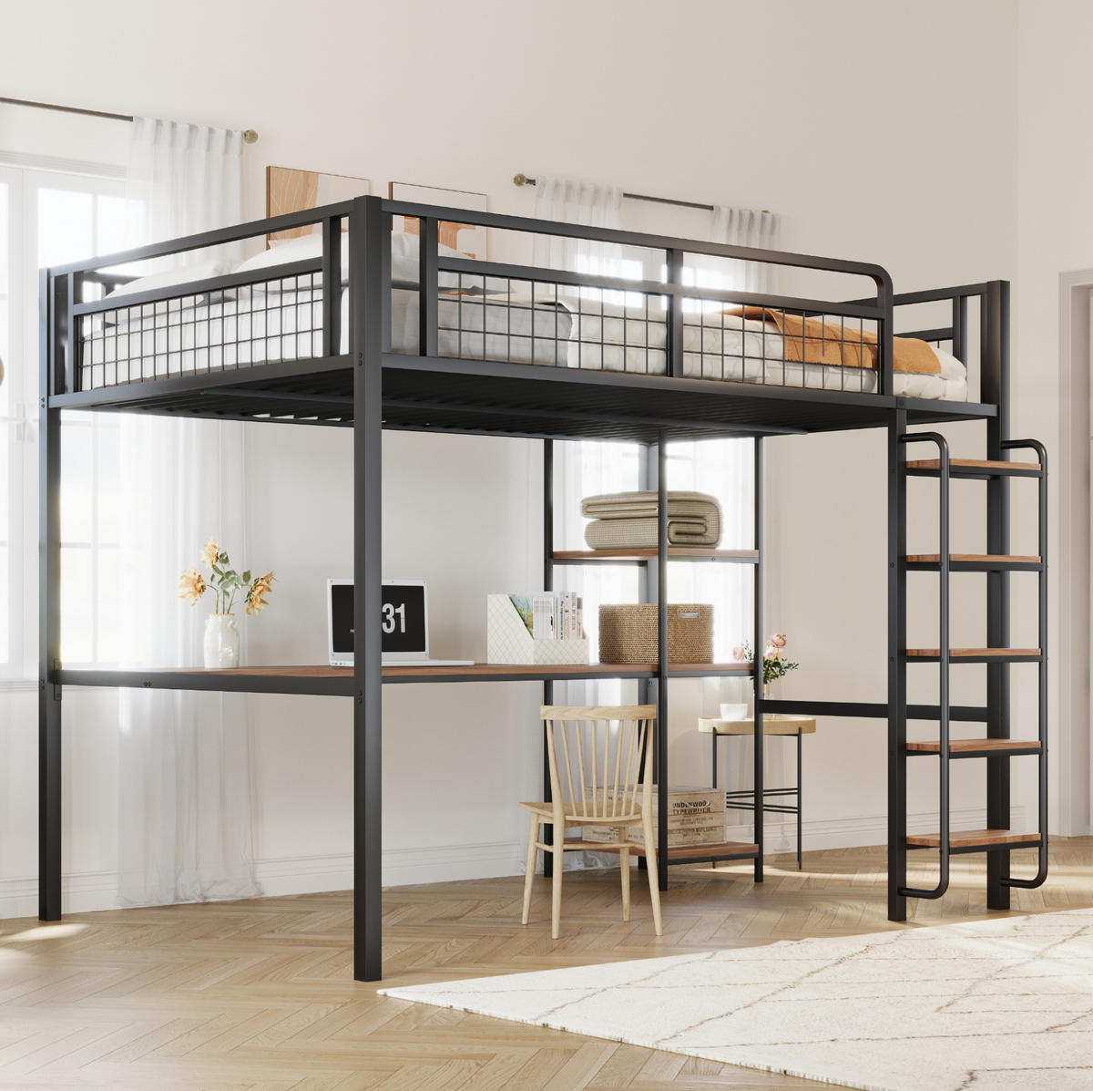 HOCHBETT 140/200 cm Schwarz aus Metall mit Schreibtisch und Regal - Schwarz, Metall (140/200cm) - OKMYHOME