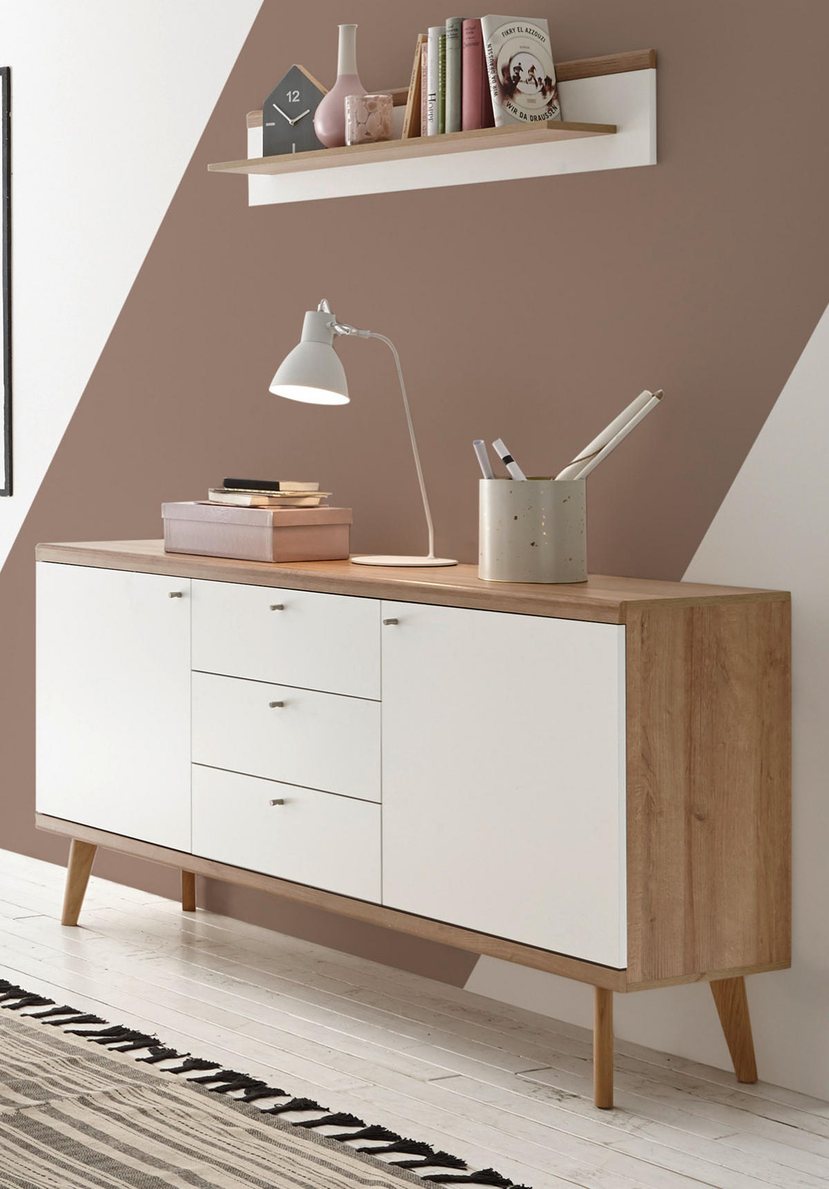 SIDEBOARD weiß, Eiche Riviera, Kommode skandinavisch, 160 x 83 cm - Eichefarben/Weiß, Holz/Holzwerkstoff (160/83/40cm) - Furn.Design