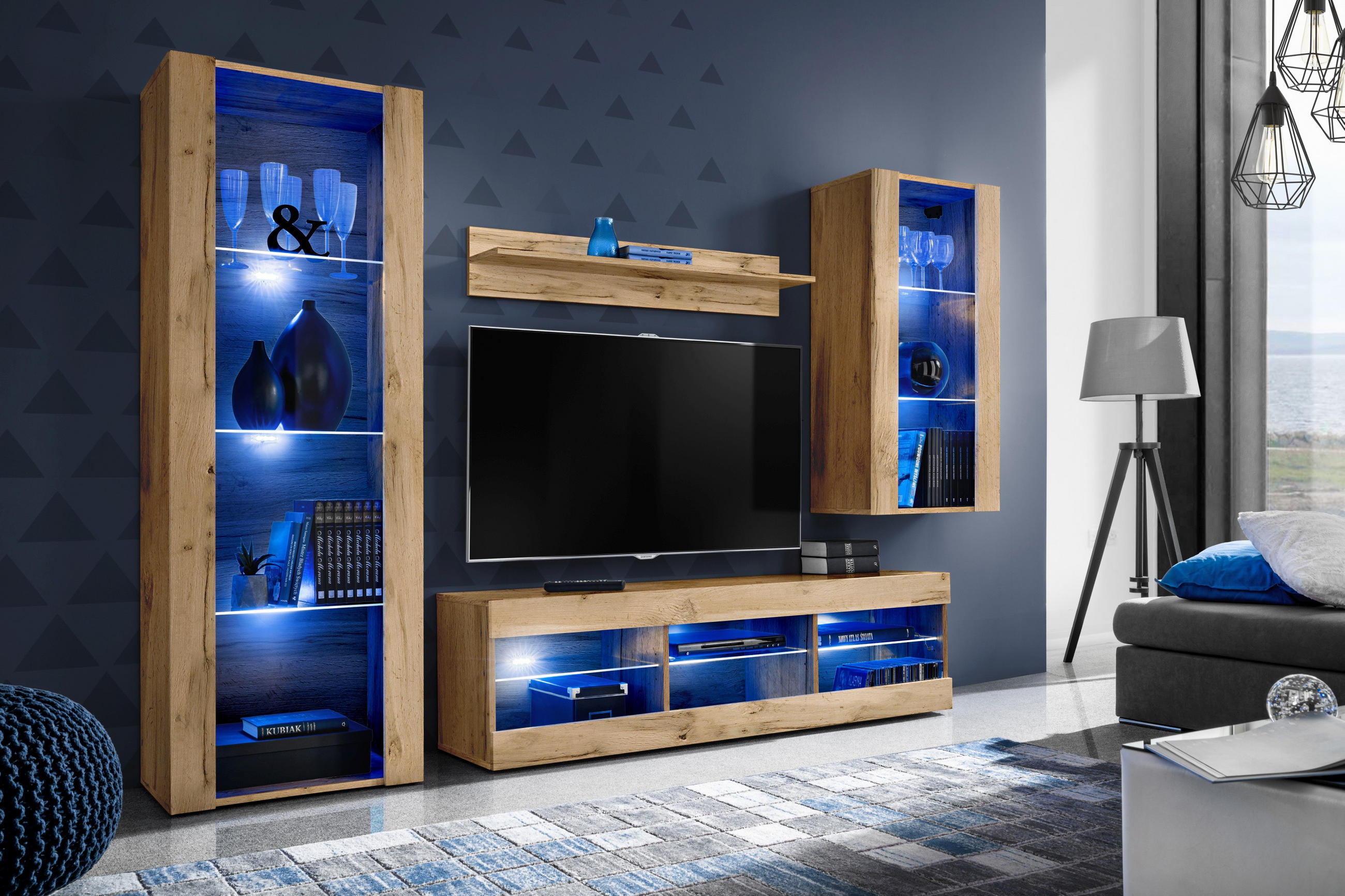 WOHNZIMMERSET TIVOLI MEDIO, 4er-Set, Eiche Wotan, LED Blau - Eiche Wotan, Glas/Holzwerkstoff (245/159/35cm) - Komodee