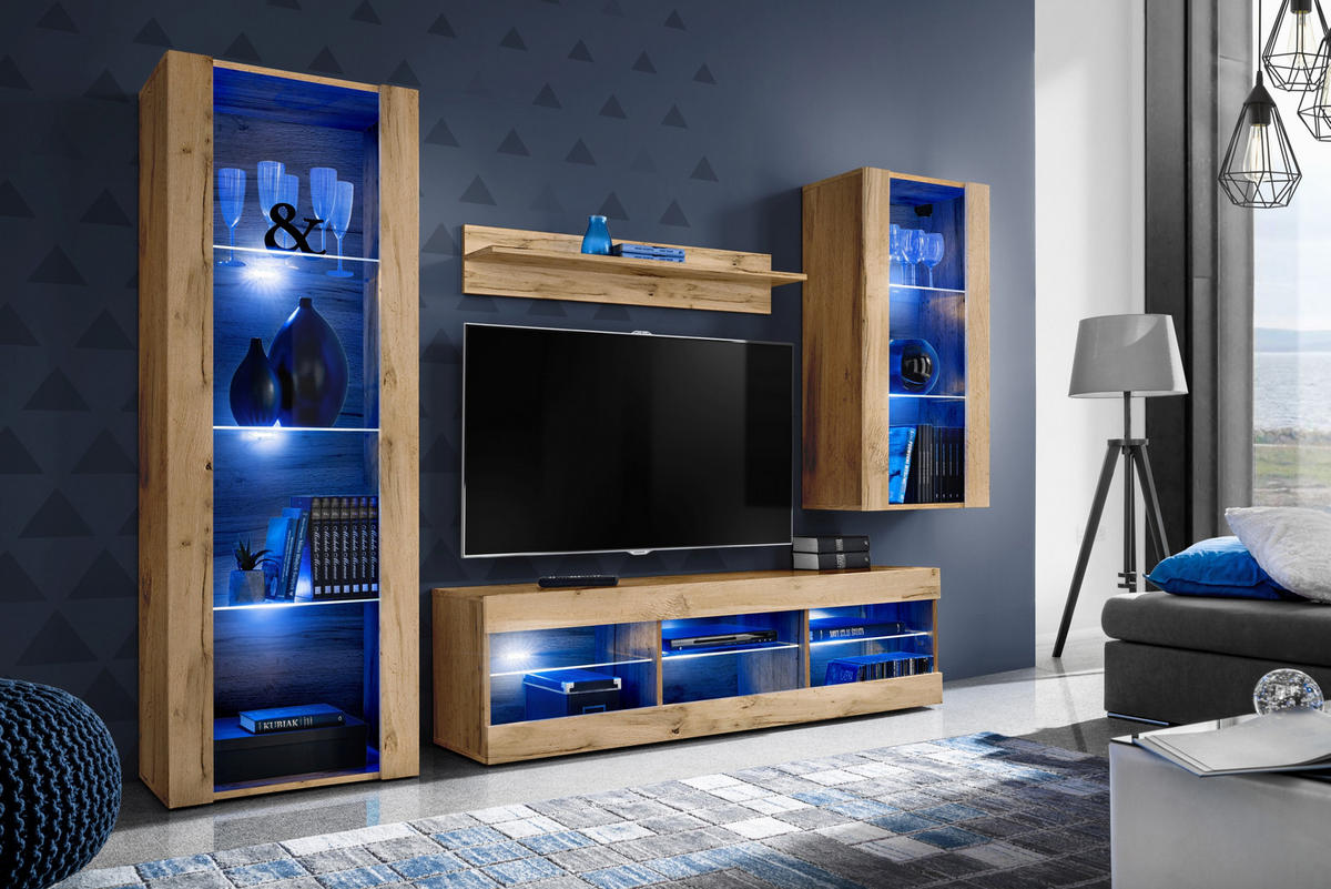 WOHNZIMMERSET TIVOLI MEDIO, 4er-Set, Eiche Wotan, LED Blau - Eiche Wotan, Glas/Holzwerkstoff (245/159/35cm) - Komodee