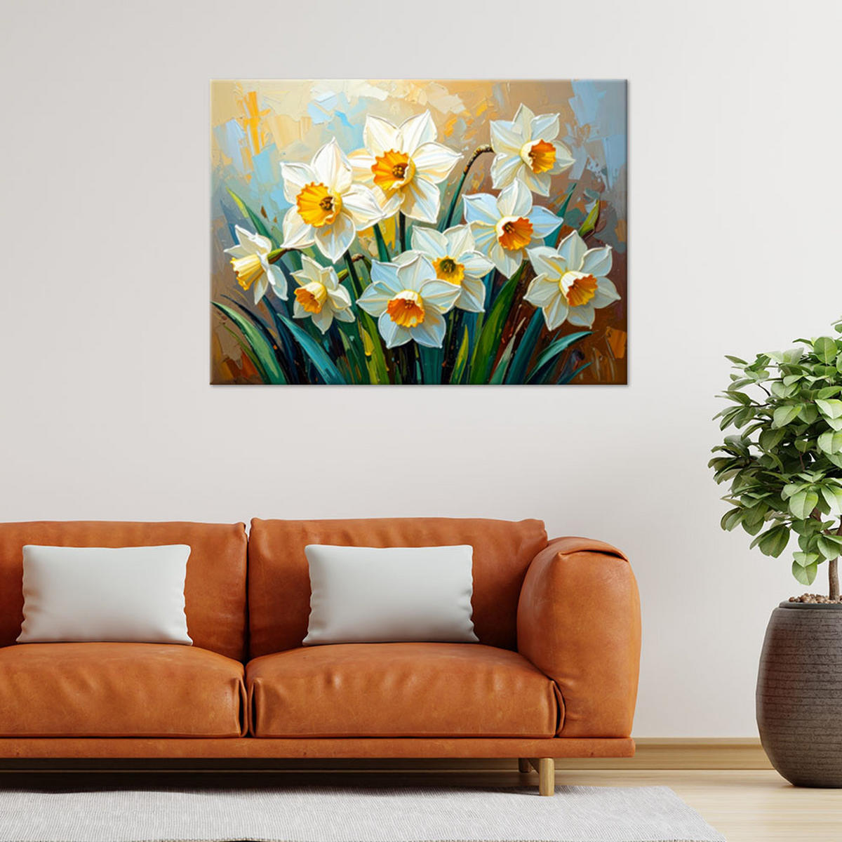 LEINWANDBILD Narzissen Weiße Blumen Abstraktion 120x80cm - Grün, Textil (120/80cm) - Feeby