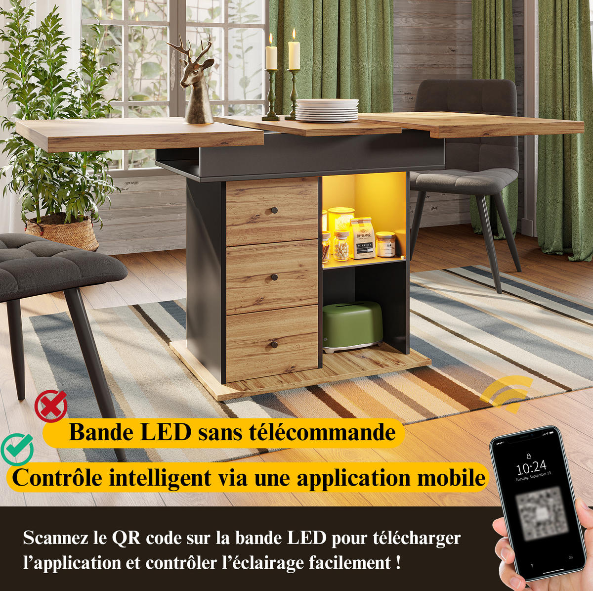 ESSTISCH 110-140/80/75 cm Schwarz/Natur aus MDF mit LED-Beleuchtung - Schwarz, Holzwerkstoff (110/80/75cm) - OKMYHOME