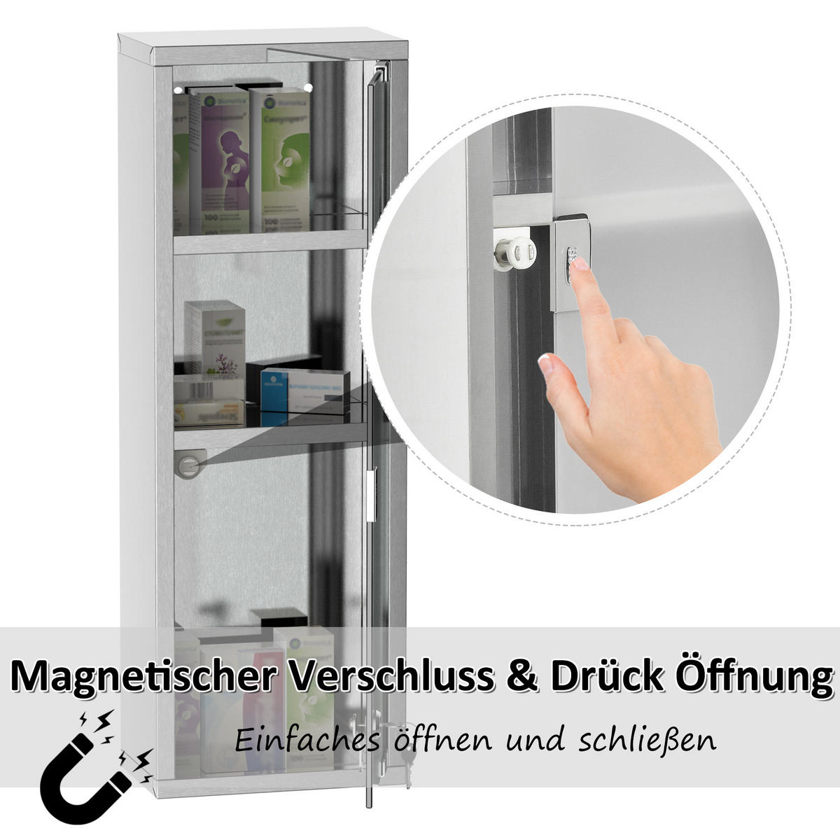 MEDIZINSCHRANK, Mattglas, 430 Edelstahl+gehärtete Glastür, Silber - Silberfarben, Glas (12/58/20cm) - Kleankin