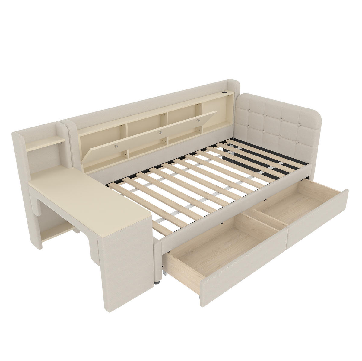 POLSTERBETT 90/200 cm in Beige mit Schreibtisch, 2 Schubladen und USB - Beige, Textil (90/200cm) - Flora Grace