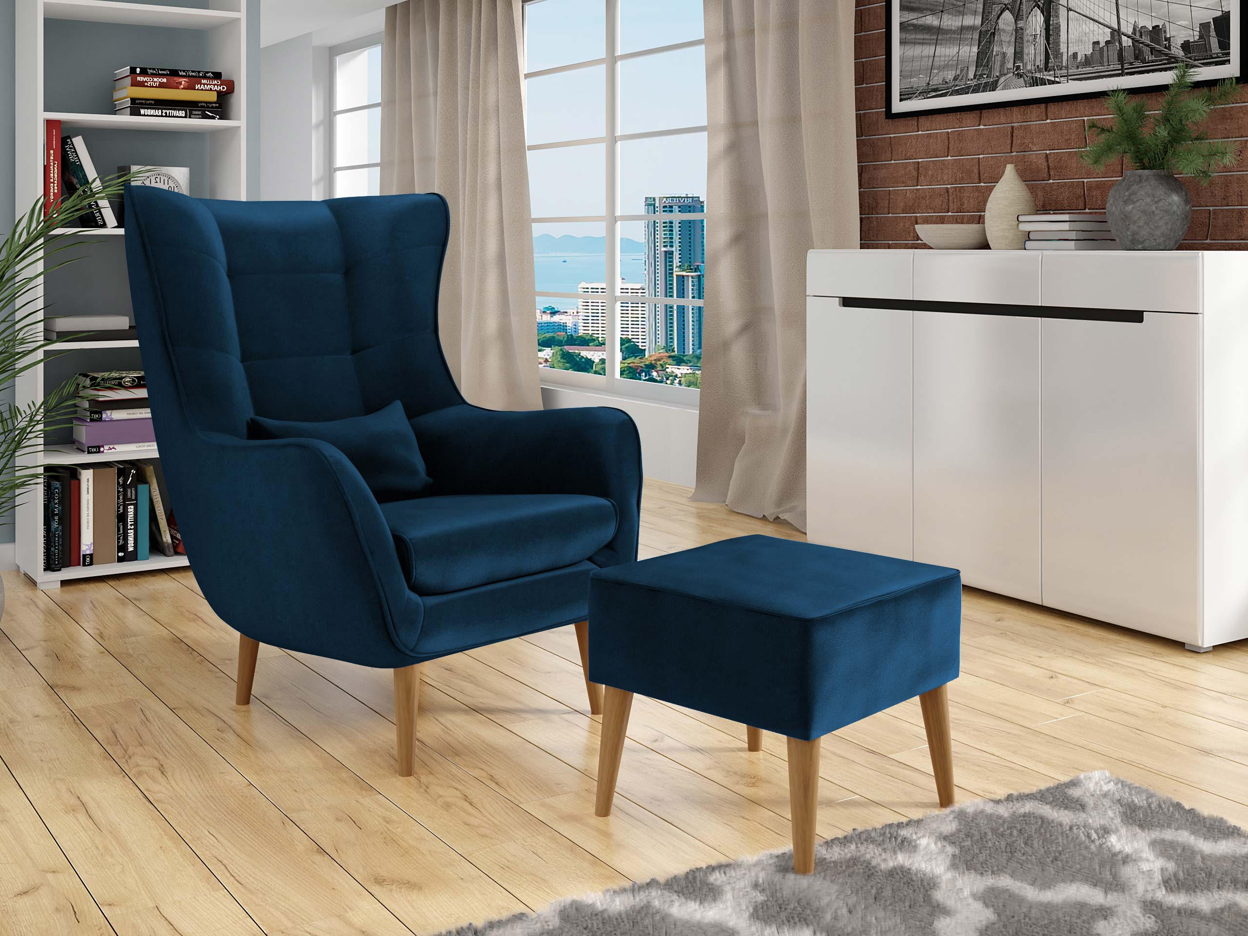 SESSEL Estjano mit Fußbank - Blau/Beige, Holz (80/106/95cm) - MIRJAN24