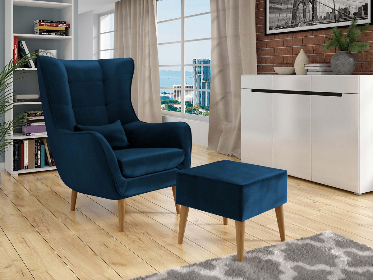 SESSEL Estjano mit Fußbank - Blau/Beige, Holz (80/106/95cm) - MIRJAN24