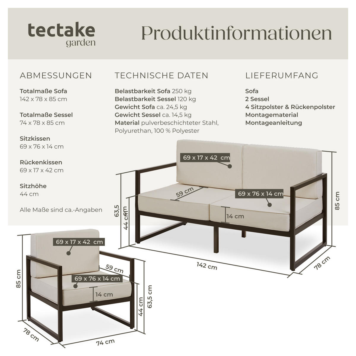 GARTEN-LOUNGESET Comosa,höhenverstellbare Füße,braun/beige - Beige/Braun, Kunststoff - tectake