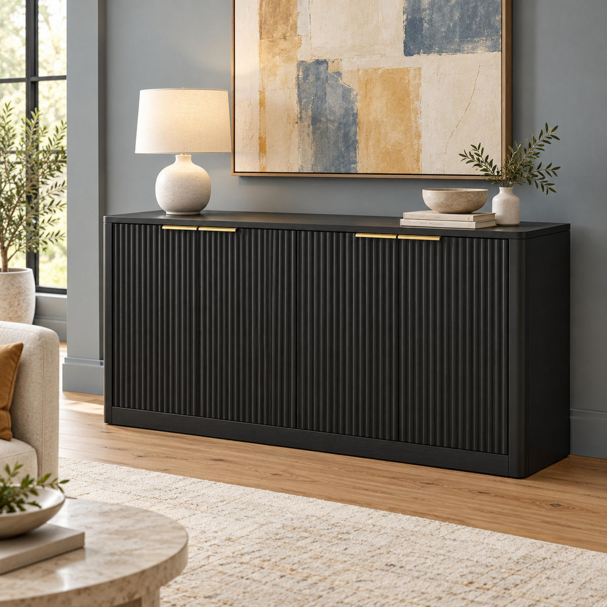 SIDEBOARD aus MDF 150x40x70 cm Schwarz mit 4 Türen und Stauraum - Schwarz, Holzwerkstoff (150/70.5/40cm) - IVMEU