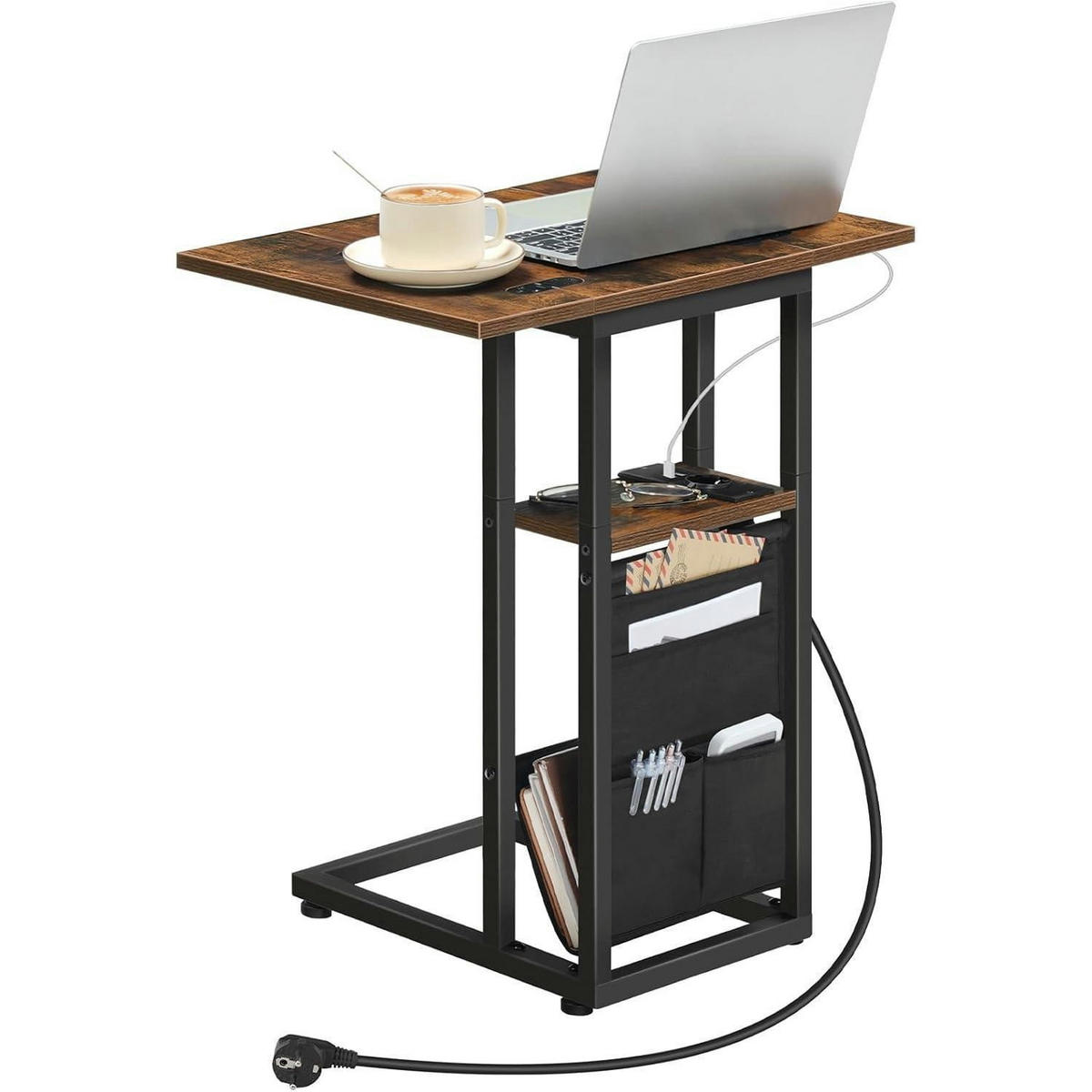 BEISTELLTISCH mit Ladestation und Aufbewahrungstasche Vintagebraun und Schwarz - Multicolor, Holzwerkstoff (52/39/61cm)
