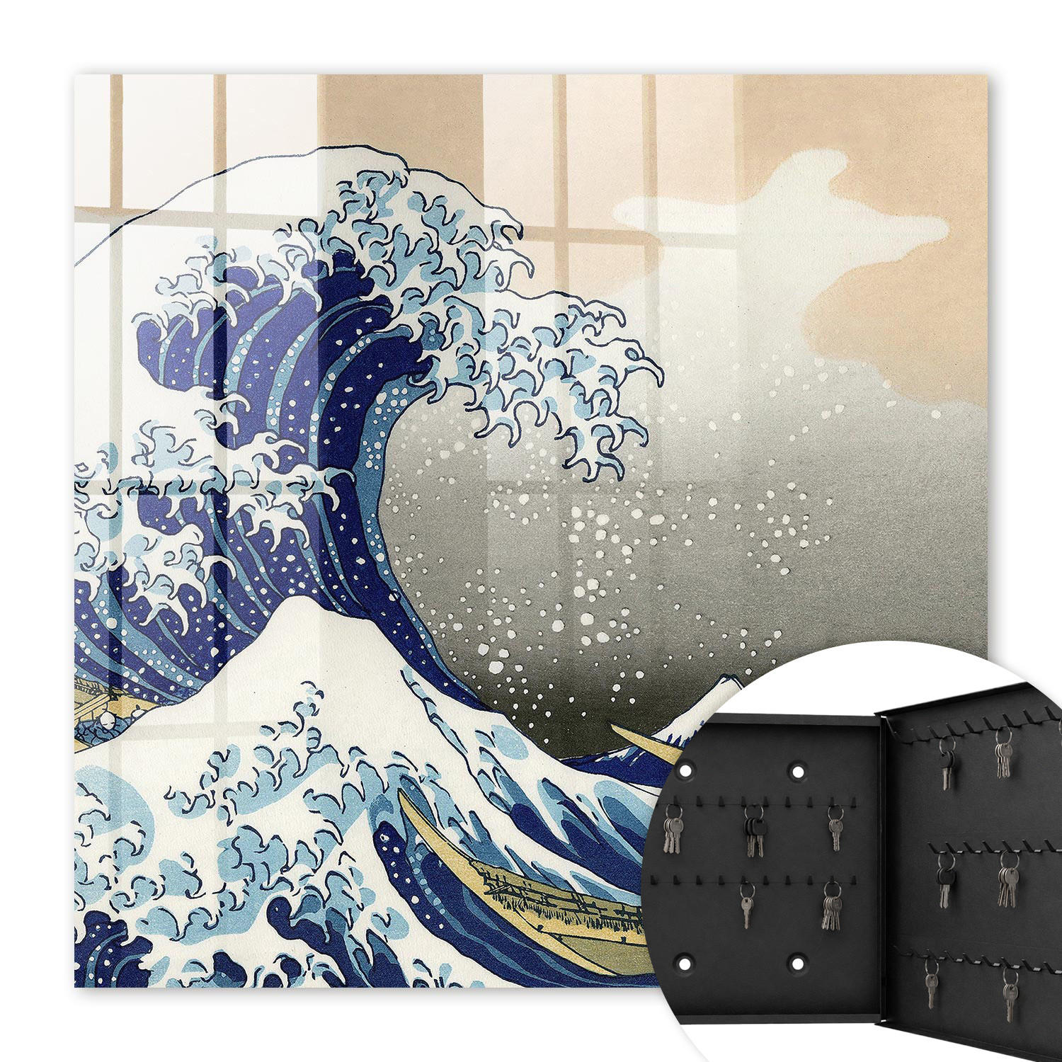 SCHLÜSSELBOX Schwarz 30x30 cm- Türöffnung nach rechts - Die große Welle - Blau, Metall (30/30/5cm) - TULUP