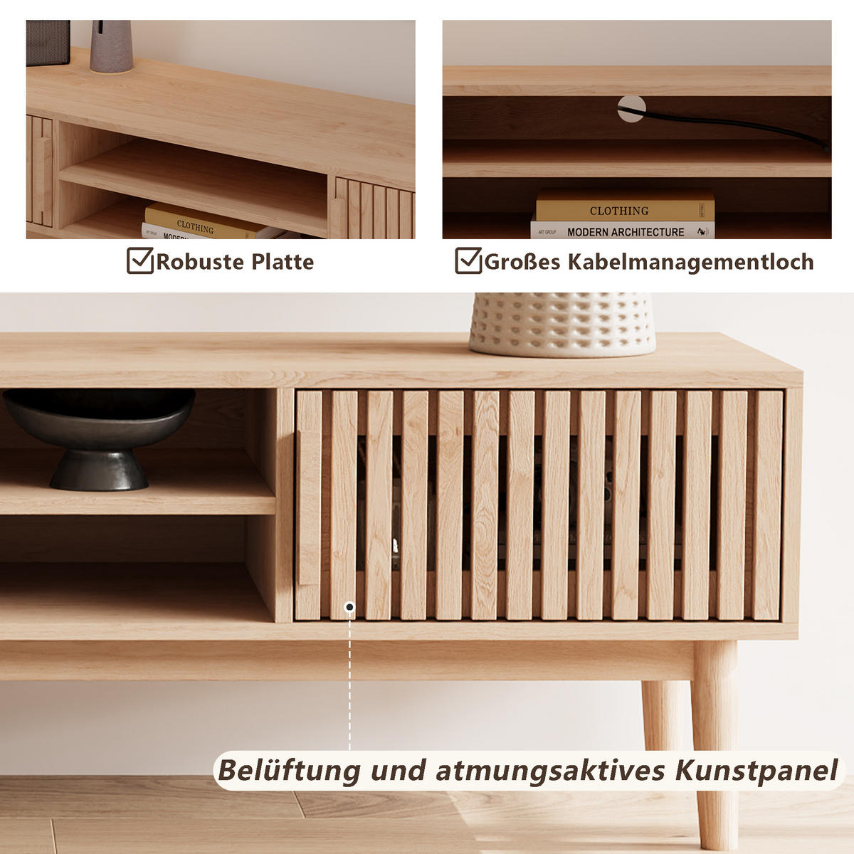 TV LOWBOARD 150x40x48 cm Ablagefächer Holz Art Deco - Naturfarben, Holz (150/48/40cm) - LEBENLANG