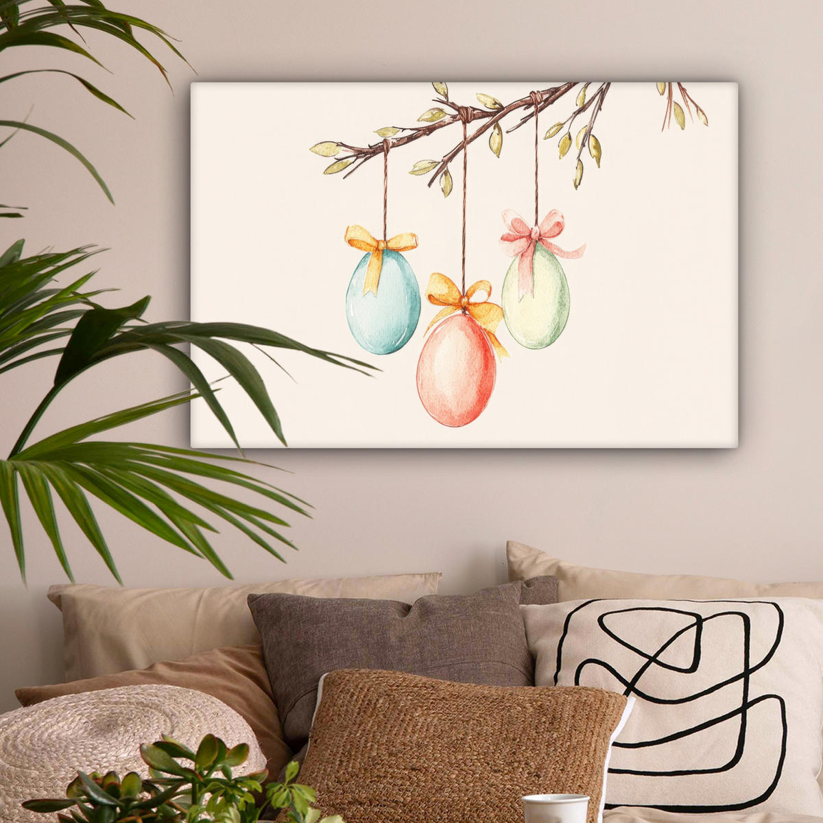 LEINWANDBILD Osterkuchen - Schleife - Eier Wanddeko 90x60 cm - Creme, Textil (90/60cm) - MuchoWow