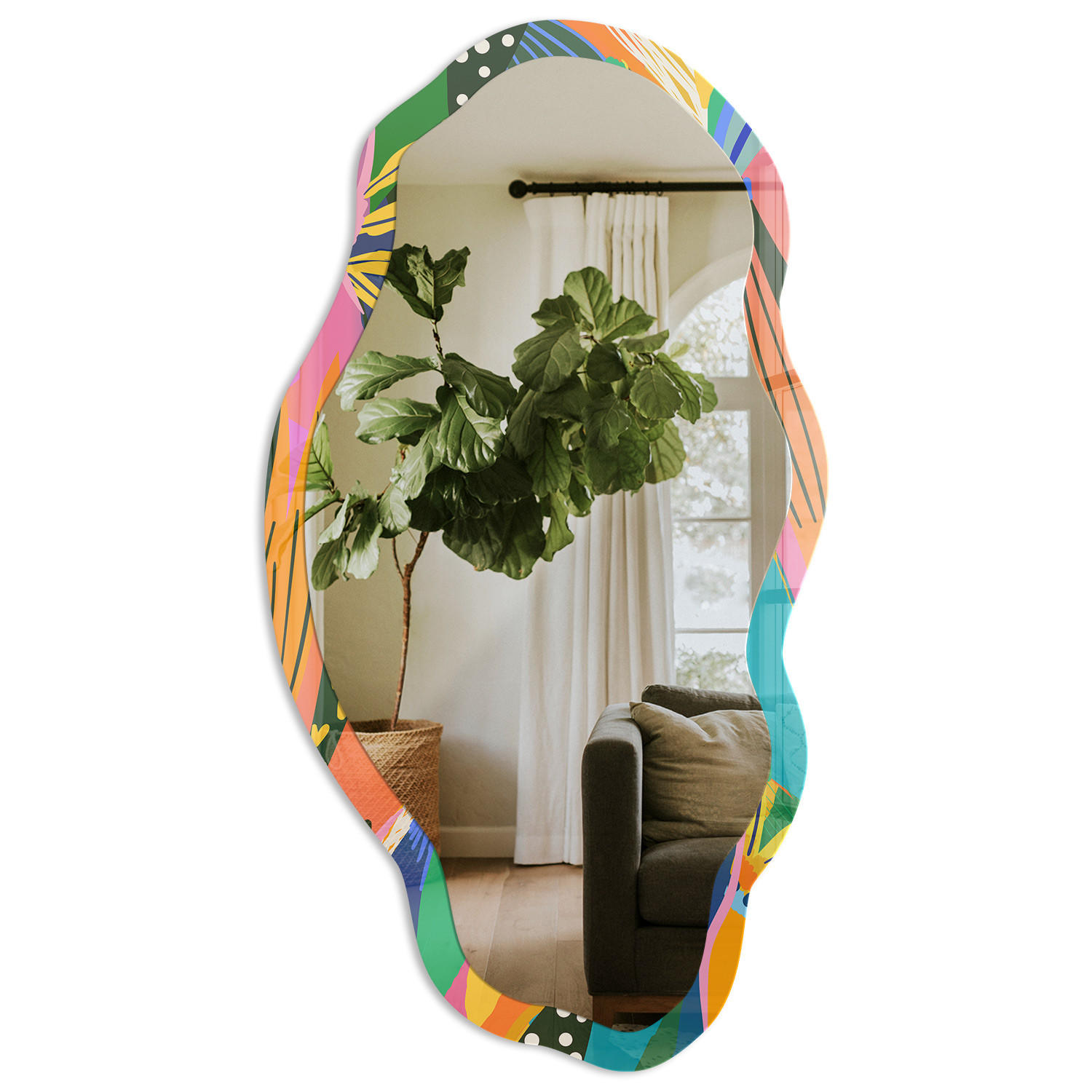 SPIEGEL 90x45 cm asymmetrisch mit Druck - Bunte Federn - Transparent, Glas (45/90/0.4cm) - TULUP