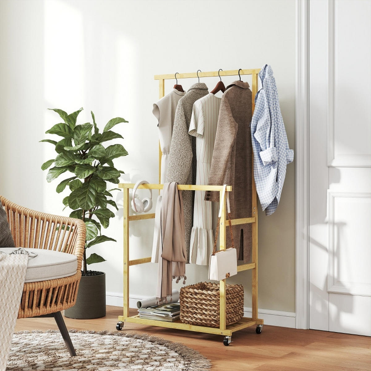 GARDEROBENSTÄNDER 80/40/160 cm aus Bambus mit 2 Kleiderstangen und Schuhablage - Naturfarben, Naturmaterialien (80/160/40cm) - BEAOK