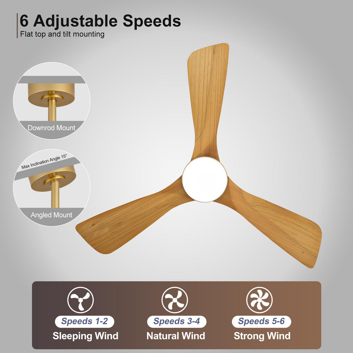 DECKENVENTILATOR 42Zoll Holz LED Licht Gold 3 Flügel Fernbedienung - Braun, Kunststoff (107/107/37cm) - CASIVA