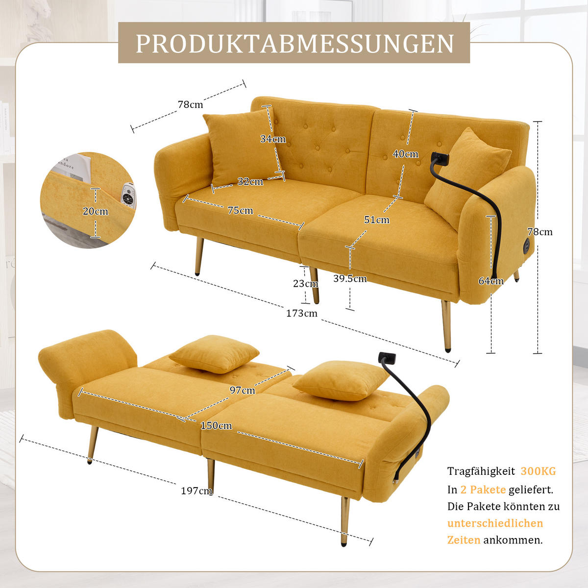 2-SITZER-SOFA mit zwei USB-Anschlüssen, Handyhalterung, verstellbarer Rückenlehne und Metallfüßen – Gelb - Gelb, Textil (78/78/173cm) - KOMHTOM