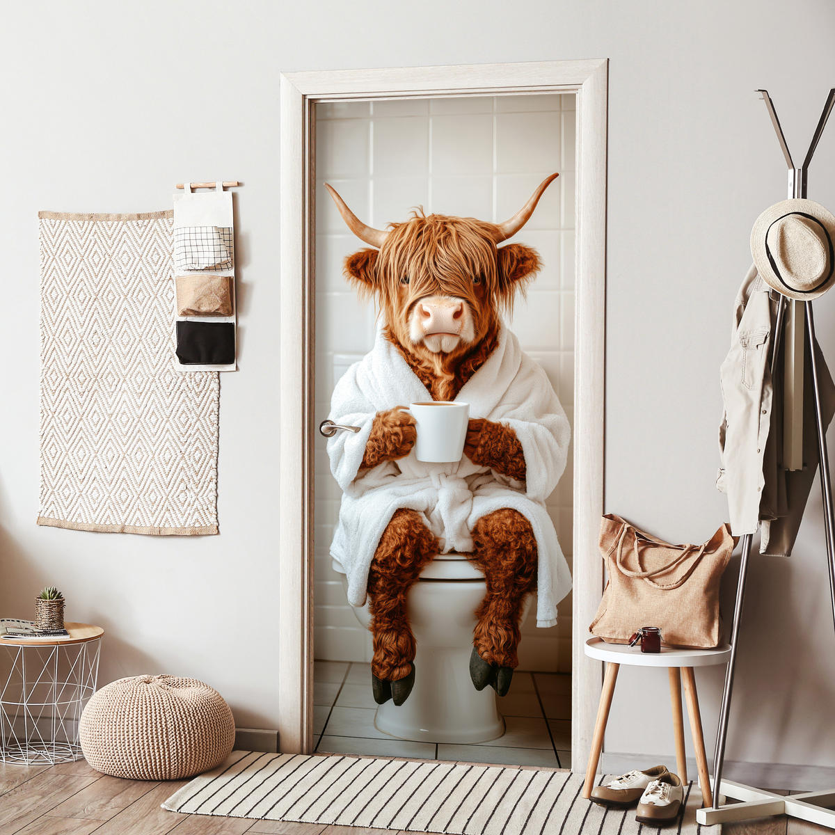 TÜRAUFKLEBER Selbstklebend - Schottisches Hochlandrind - WC - Bademantel - Modern - Tiere 95x215 cm - Türtapete - Kastanienfarben, Kunststoff (95/0.1cm) - MuchoWow