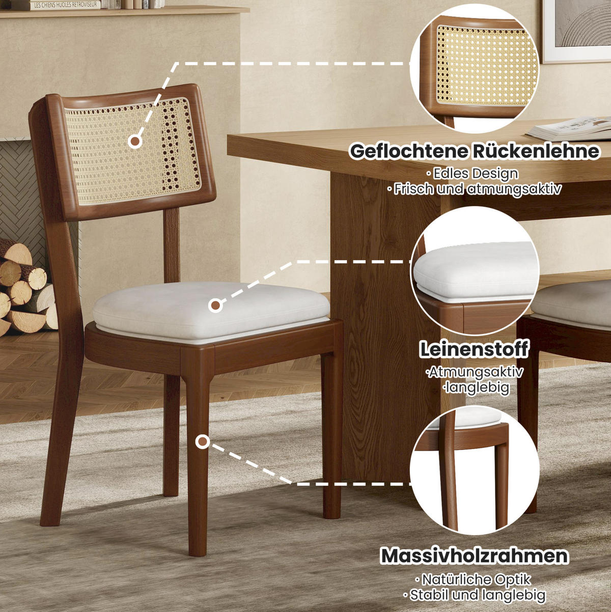 ESSZIMMERSTUHL 4er-Set mit Rattan-Rückenlehne Massivholz Walnut - Braun, Holz (58/88/50.1cm) - Meubliv