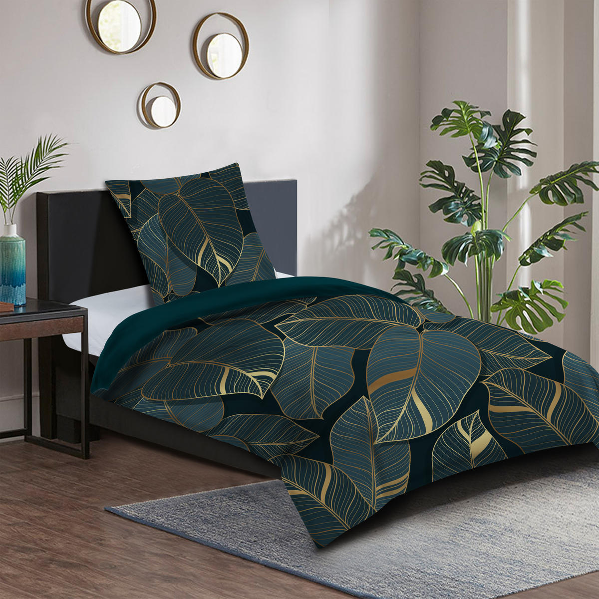 BETTWÄSCHE 2-teilig Monstera - Dunkelgrün, Naturmaterialien (135/200cm) - Sanilo