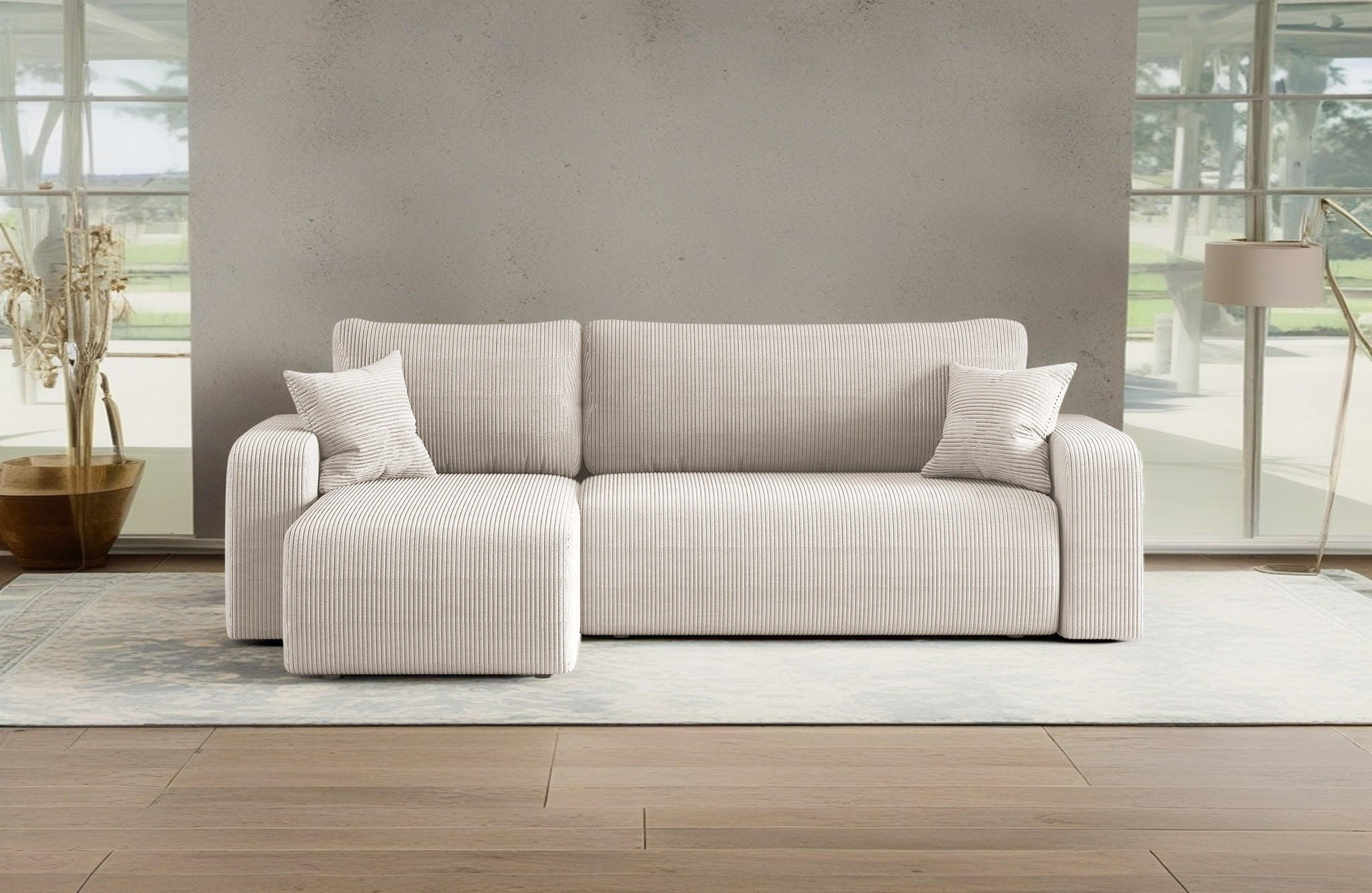 ECKSOFA L-FORM Schlaffunktion Und Bettkasten Eckcouch MILANO L Stoff Dicker Cord Beige Links - Beige, Holz/Textil (142/244cm) - Kaiser Möbel