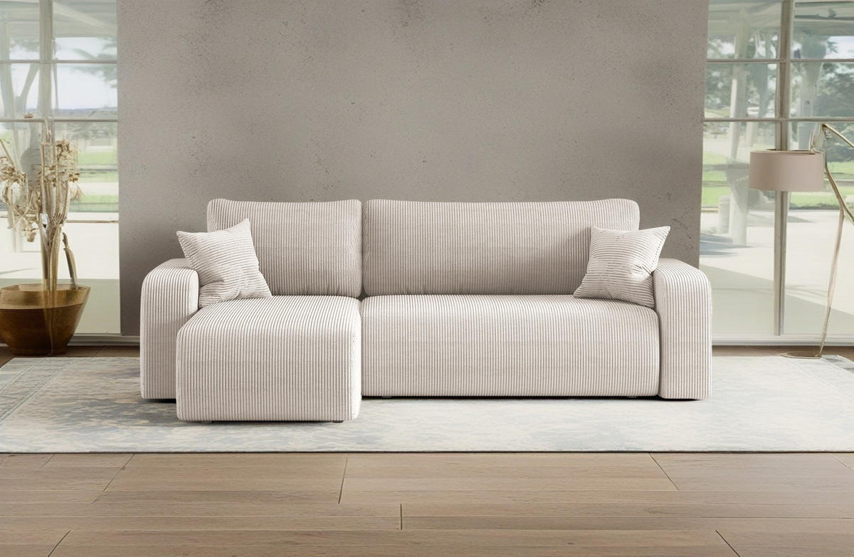 ECKSOFA L-FORM Schlaffunktion Und Bettkasten Eckcouch MILANO L Stoff Dicker Cord Beige Links - Beige, Holz/Textil (142/244cm) - Kaiser Möbel