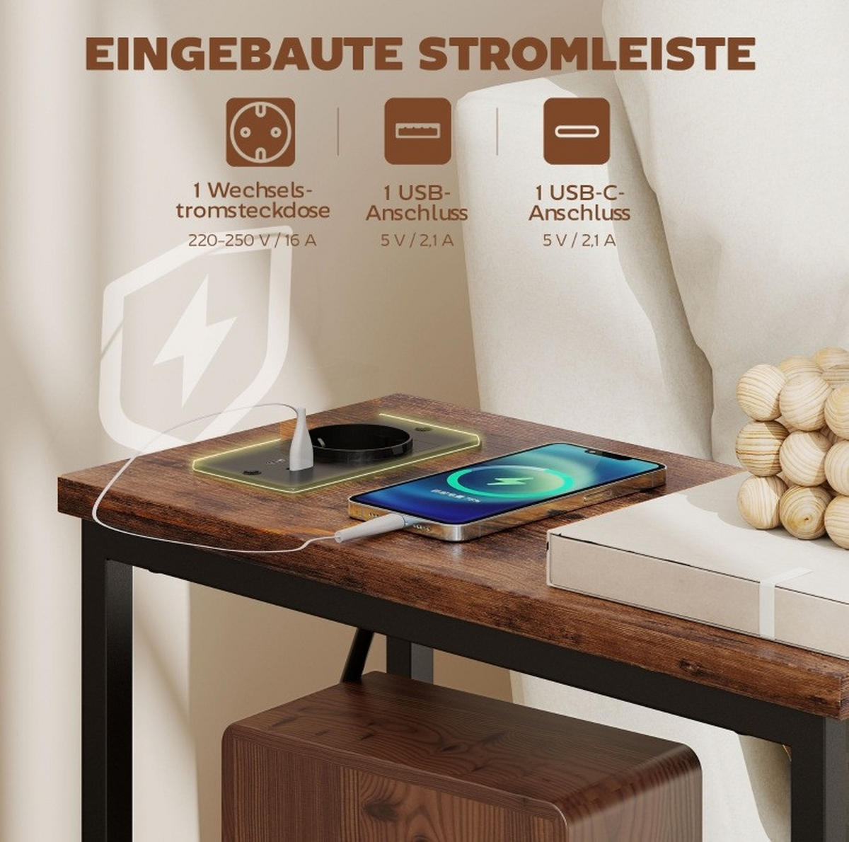 BEISTELLTISCH 20/40/63 cm in Rustikal-Braun mit Ladestation und 2 Stoffschubladen - Braun, Holz (40/20/63cm) - Flora Grace