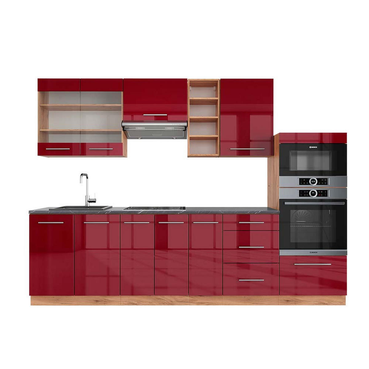 KÜCHENZEILE Fame-Line Bordeaux Hochglanz/Goldkraft Eiche 280 cm AP Anthrazit - Honigeiche/Bordeaux, Holzwerkstoff (280/81.6/60cm) - Vicco