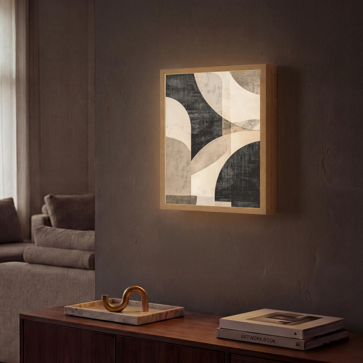 NÁSTĚNNÁ LAMPA S AKUMULÁTOREM Abstraktní - Tvary - Moderní - Béžová 30x40 cm - šedá, kompozitní dřevo (30/40/8cm) - OnlyWow