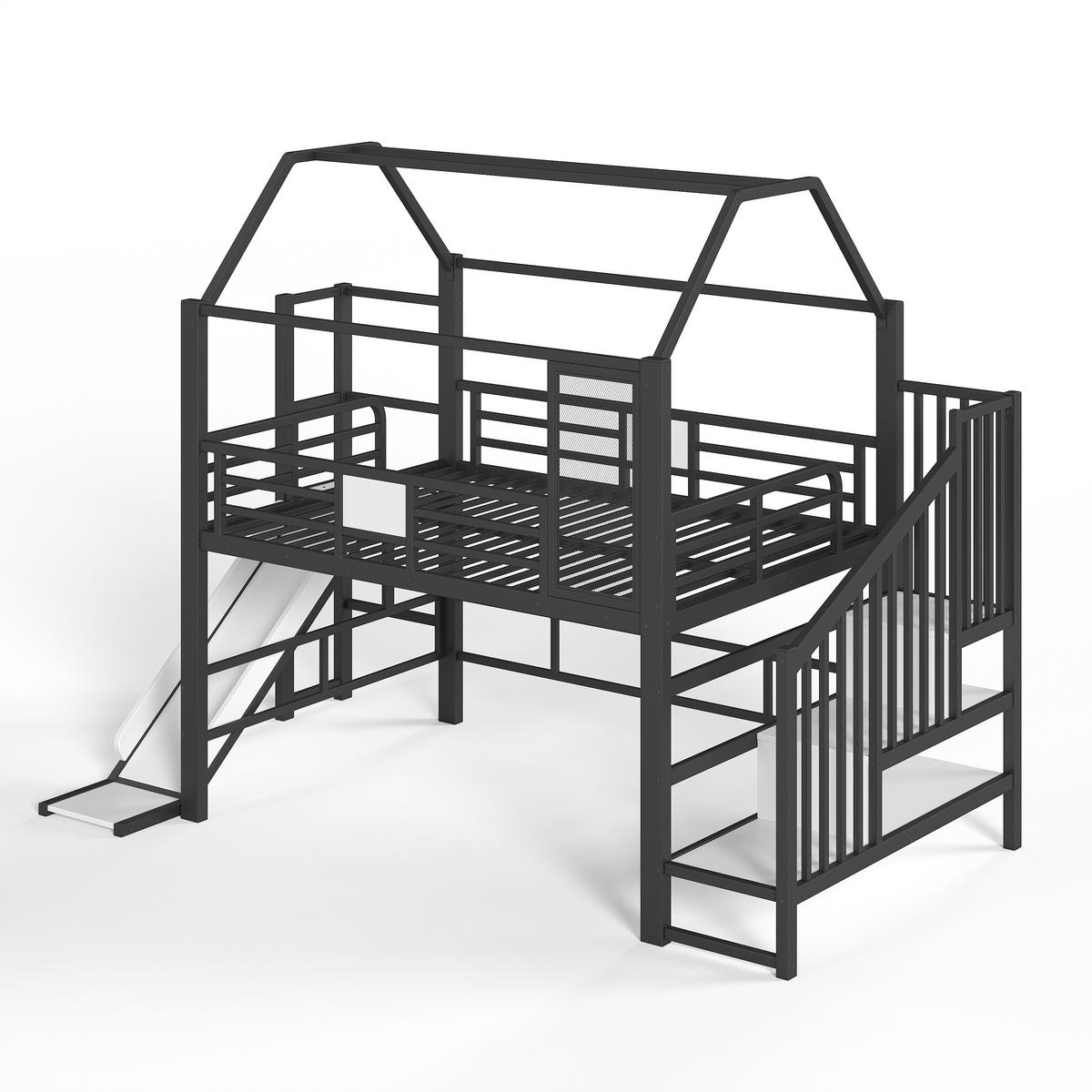 HOCHBETT 140/200 cm Hausform mit Rutsche und LED, DE-41963, in Schwarz - Schwarz, Metall (140/200cm) - ComfortXL