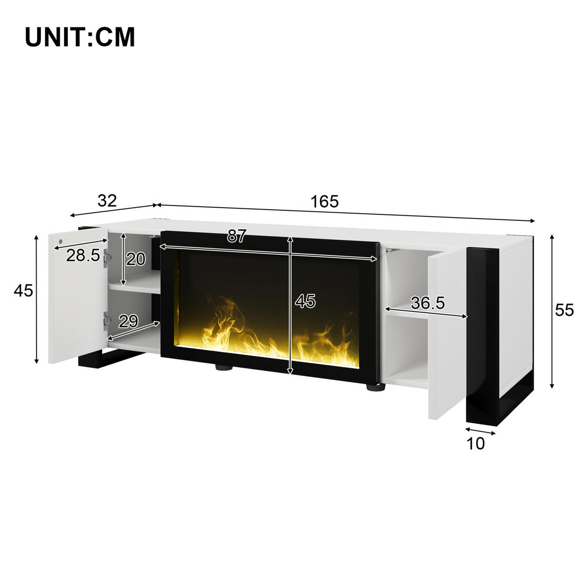 TV-ELEMENT mit Elektrokamin 165 x 32 x 55 cm Weiß/Schwarz - Weiß, Holzwerkstoff (32/55/165cm) - Beauniv
