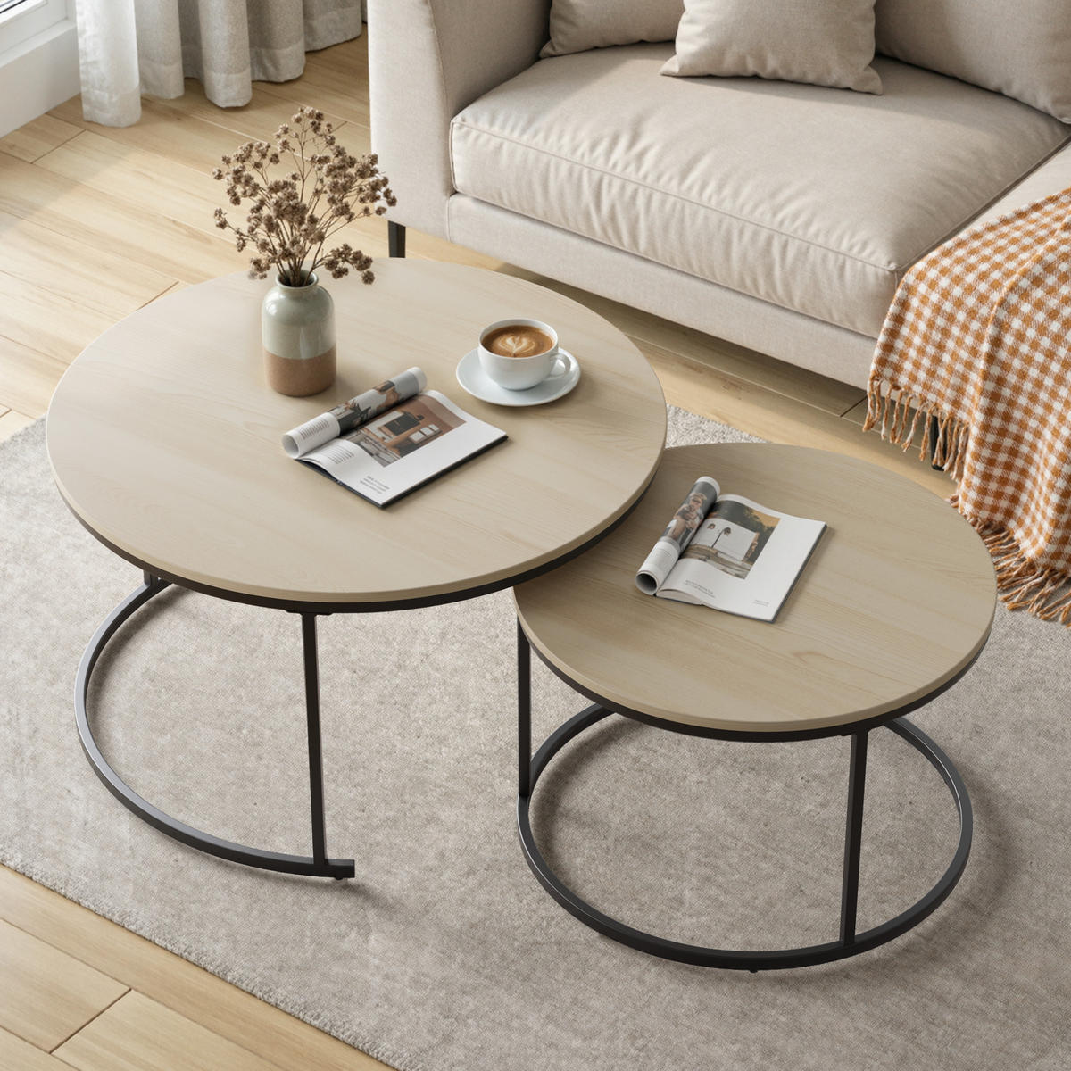 COUCHTISCH 80/80/45 cm in Eichefarben mit Metallgestell, 2-teilig verschachtelbar - Eichefarben, Metall (80/80/45cm) - BEAOK