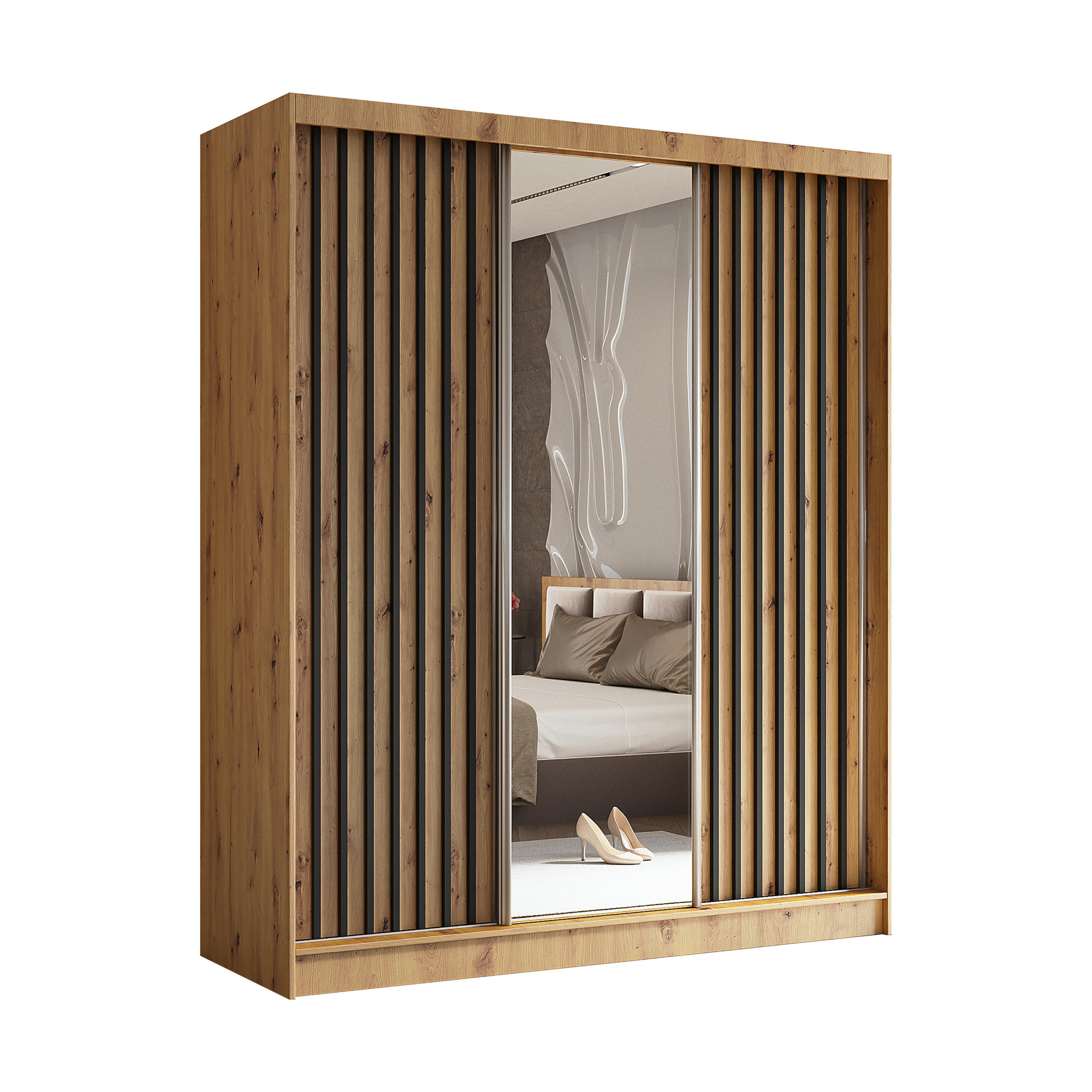 SCHWEBETÜRENSCHRANK Erika 180 cm mit Lamellen und Spiegel 3-türig, Artisan, Artisan, Lamelle schwarz - Schwarz/Eiche Artisan, Kunststoff (180/216/51cm) - Margaret Hadas24