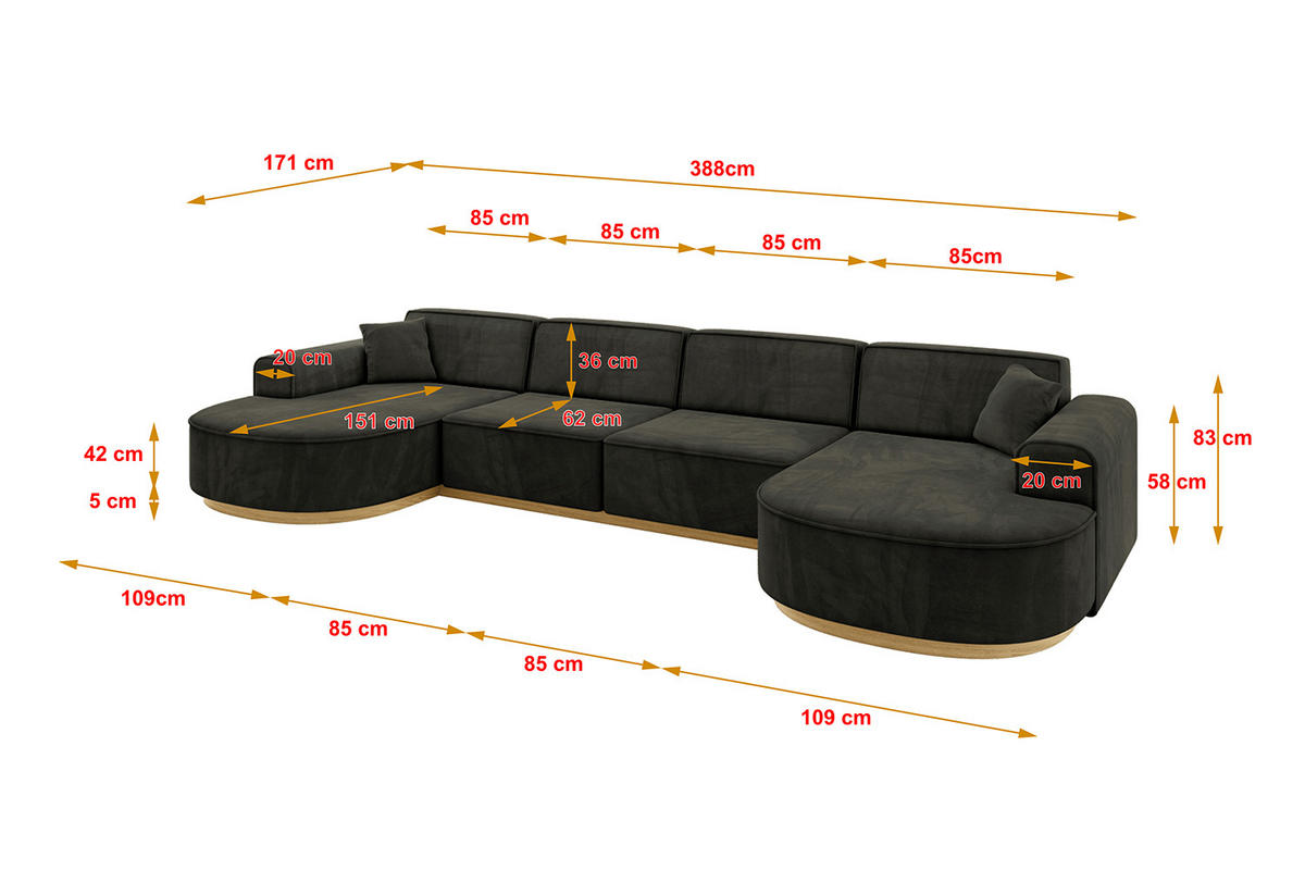 WOHNLANDSCHAFT MARI-U2-v2 - 388x171x83 cm Schwarz Velours - Schwarz, Holzwerkstoff/Textil (388/83/171cm) - ALTDECOR