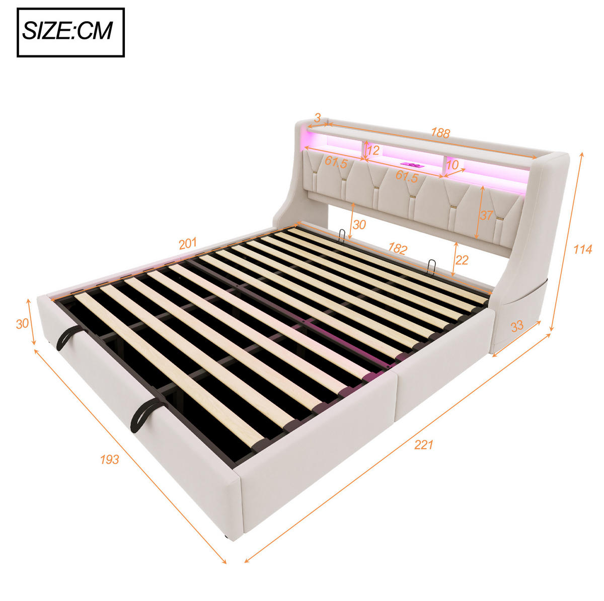 POLSTERBETT 180/200 cm aus Samt mit Stauraum LED und klappbarem Kopfteil Beige - Beige, Textil (180/200cm) - Modenvie