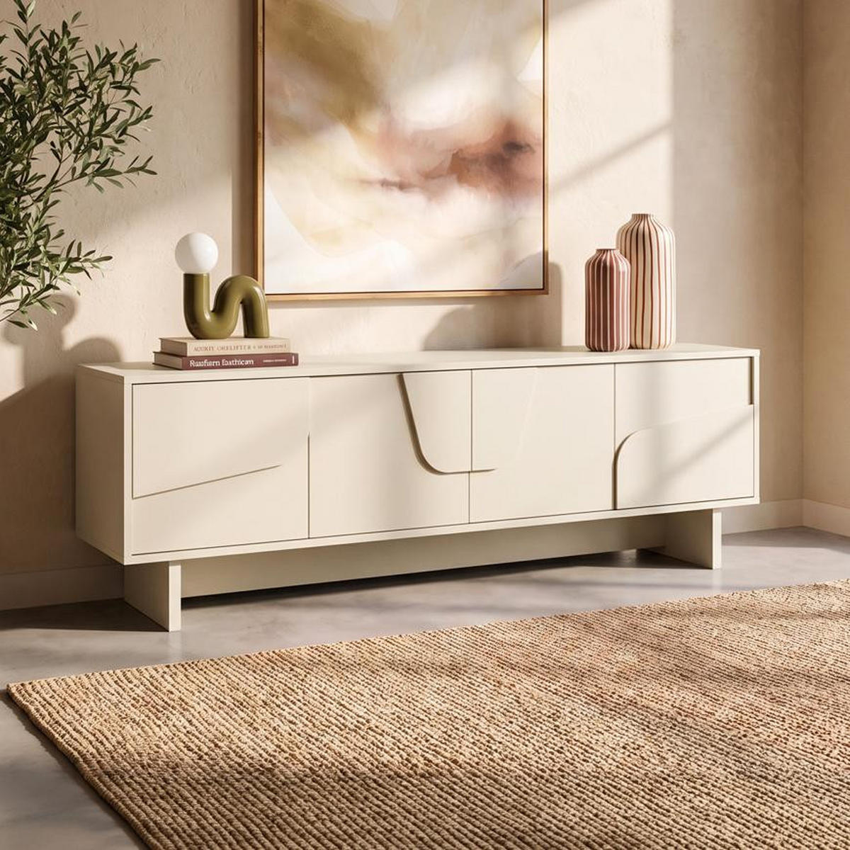 TV-SCHRANK FLORA beige, 160 cm, 4 Türen, Melamin-Oberfläche - Beige, Holzwerkstoff (160/52/40cm) - Sicaan